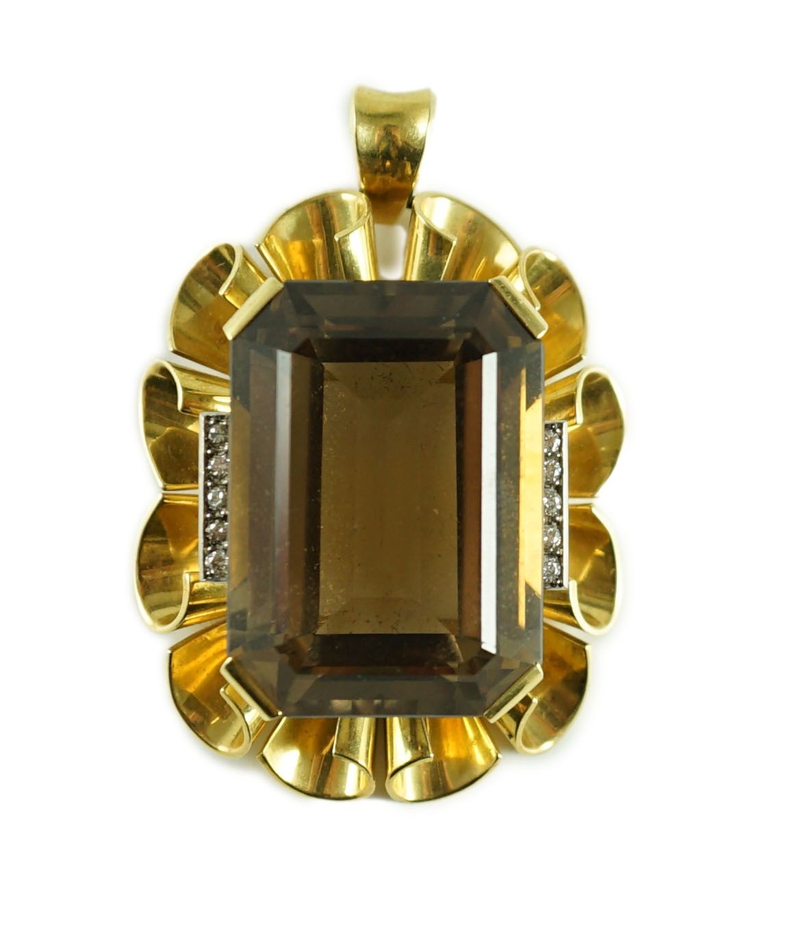 A modern 750 gold, emerald cut smoky quartz and diamond chip set oval pendant
